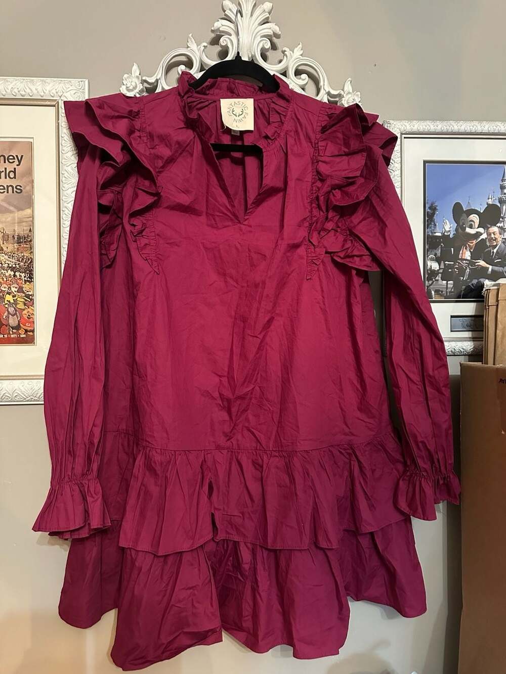 Fantastic Fawn Long Sleeve Ruffle Drop Waist Mini Dress in Magenta